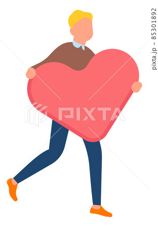 Man running with big heart symbol. Guy holding love sign Man running with big heart symbol. Guy holding love sign 85301892
