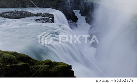 Foam over Gullfoss Golden falls waterfall long exposure closeup view 85302278