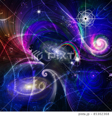 Surrealism. Spirals of time, rays of light and black hole in space. 3D rendering 85302368