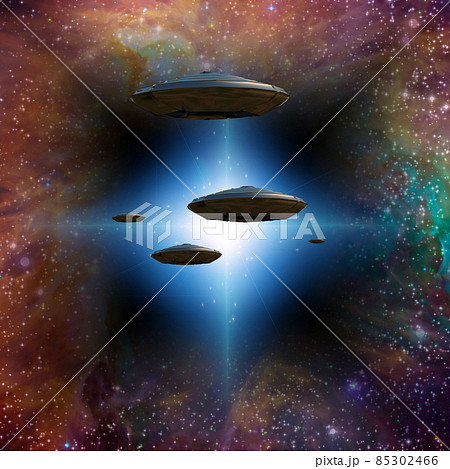 Starship flies through stargate. 3D rendering Starship flies through stargate. 3D rendering 85302466