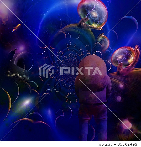 Through the wormhole. Astronaut before warped space. 3D rendering Through the wormhole. Astronaut before warped space. 3D rendering 85302499