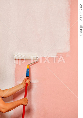 The painter's female hands hold a paint roller on a long telescopic rod against the background of a pink wall. The painter's female hands hold a paint roller on a long telescopic rod against the background of a pink wall. 85303262