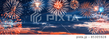 Abstract colored firework on dark sky. Celebration and anniversary concept Abstract colored firework on dark sky. Celebration and anniversary concept 85305928