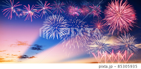 Abstract colored firework on dark sky. Celebration and anniversary concept Abstract colored firework on dark sky. Celebration and anniversary concept 85305935