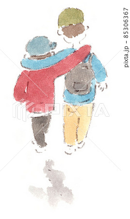 友達・友情：肩を組んで歩く少年たち（仲良しコンビ）の後ろ姿（水彩画イラスト） 85306367