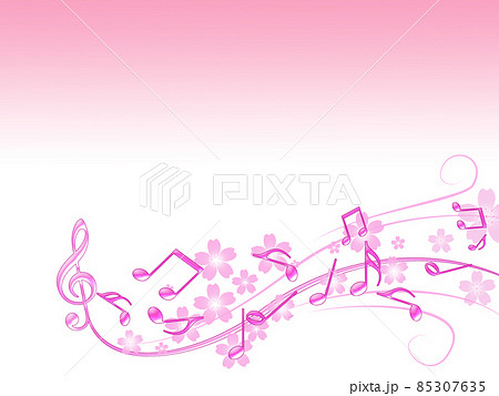 サクラの花を背景にした五線譜と譜面 85307635