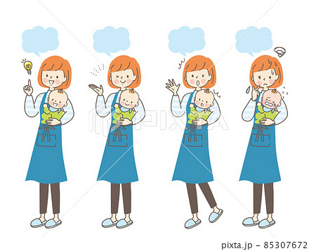 赤ちゃんを抱っこする若いママの表情セット 85307672