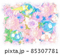 カラフルな花とマスコットの色鉛筆画 85307781