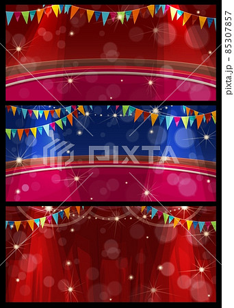 Shapito circus stage interior with red curtains and arena rings, lights and flags. Cirque theater or carnival show empty scene vector banners, decorated with bright bunting garland and spotlights 85307857
