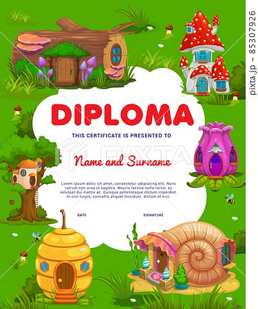 Kids Diploma With Cartoon Fairy Houses Of のイラスト素材