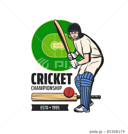 Cricket championship vector icon with player and field. Cricket sport game batsman hitting ball with bat, safety helmet, gloves and leg pads on sporting arena with green infield and pitch areas Cricket championship vector icon with player and field. Cricket sport game batsman hitting ball with bat, safety helmet, gloves and leg pads on sporting arena with green infield and pitch areas 85308174