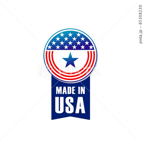 Made in USA label or banner with American flag stars. US product, patriotic symbol, quality, warranty or authenticity certificate vector seal, premium quality guarantee tag with United States flag 85308230