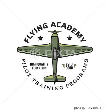 Flying academy icon with army vintage airplane. Pilot school retro emblem, historical aircraft flight club training center program vector icon with military old propeller airplane, combat fighter 85308318