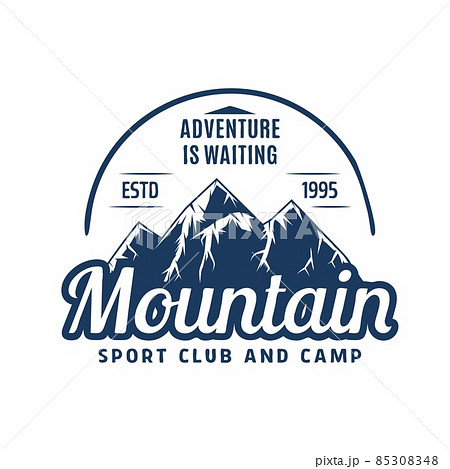Mountain climbing vintage icon or emblem with snowy mountains peaks. Climbing club expedition, outdoor recreation hobby or sport travel in mountains, extreme tourism retro vector symbol Mountain climbing vintage icon or emblem with snowy mountains peaks. Climbing club expedition, outdoor recreation hobby or sport travel in mountains, extreme tourism retro vector symbol 85308348