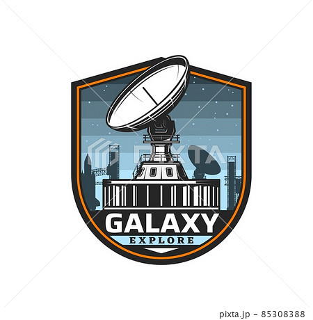 Space telescope icon, galaxy planets exploration and astronomy station, vector. Space observatory at spaceport cosmodrome for rocket launch, galactic explore and spaceship mission observation 85308388