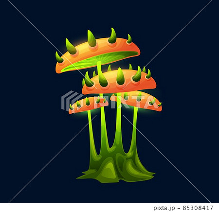 Fantasy magic mushroom with thorns on cap. Vector fungi of unusual shape with green spikes, thin stipe and bright glowing hats. Natural element for fairy tale ui game interface, cartoon alien plant Fantasy magic mushroom with thorns on cap. Vector fungi of unusual shape with green spikes, thin stipe and bright glowing hats. Natural element for fairy tale ui game interface, cartoon alien plant 85308417