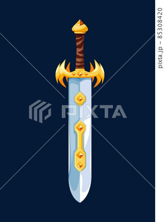 Magical cartoon dwarf broadsword blade or dagger of Medieval warrior, vector icon. Knight sword or fairy tale knife blade weapon with golden ornament on hilt, magic cleaver or saber 85308420