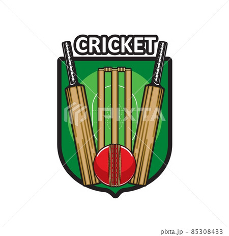 Cricket game icon with sport items. Cricket bats, ball and wood wicket, stumps and bails with green play field on heraldic vector shield, sport club or championship match isolated icon 85308433