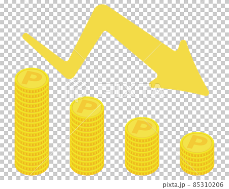 Coin arrow graph points (downward-sloping graph that can be used for the economy and economy) Coin arrow graph points (downward-sloping graph that can be used for the economy and economy) 85310206