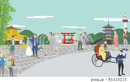 観光地がたくさんある歴史ある京都の街並みと楽しそうな人々のイラスト素材