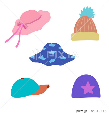 Hand drawn of children's headwear, winter and summer, isolated on white background.  85310342