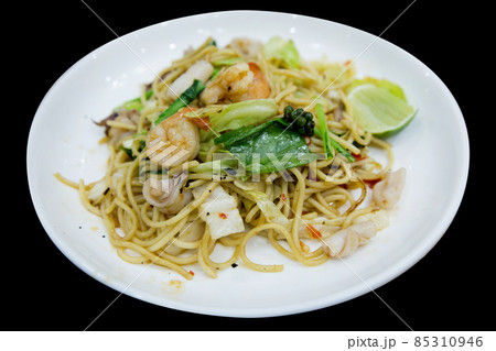 Die cut of spaghetti seafood on black background. Die cut of spaghetti seafood on black background. 85310946