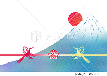 ハガキ　日の出富士に水引の鶴と梅のイラスト 2 85310965
