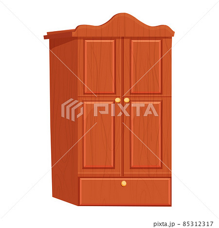 Wardrobe wooden interior furniture in cartoon style isolated on white background. Drawer, cupboard object. Textured home decoration, element.  85312317