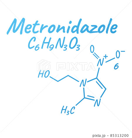 Metronidazole antibiotic chemical formula and composition, concept structural medical drug, isolated on white background, vector illustration. Metronidazole antibiotic chemical formula and composition, concept structural medical drug, isolated on white background, vector illustration. 85313200