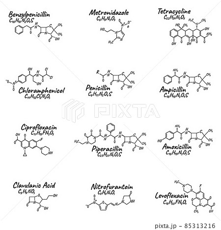 Set of antibiotic chemical formula and composition, concept structural medical drug, isolated on white background, vector illustration. Set of antibiotic chemical formula and composition, concept structural medical drug, isolated on white background, vector illustration. 85313216
