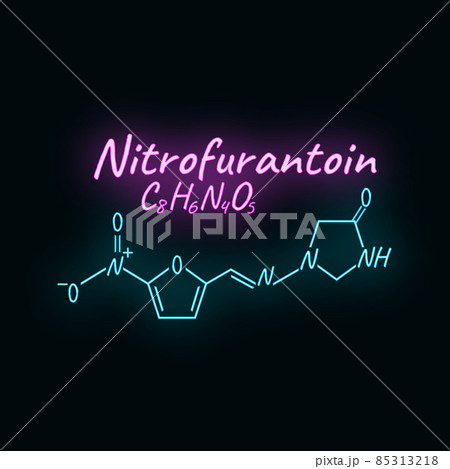 Nitrofurantoin antibiotic chemical formula and composition, concept structural drug, isolated on black background, neon style vector illustration. Nitrofurantoin antibiotic chemical formula and composition, concept structural drug, isolated on black background, neon style vector illustration. 85313218