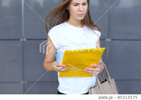Business woman girl work business center look at documents 85313575