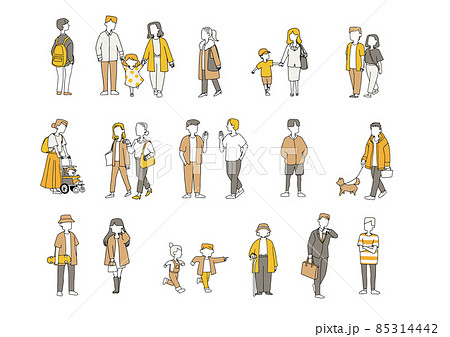 街中を行き交うカジュアルな人々 幸せな家族 カップル 友人 手描きの人物イラストのイラスト素材