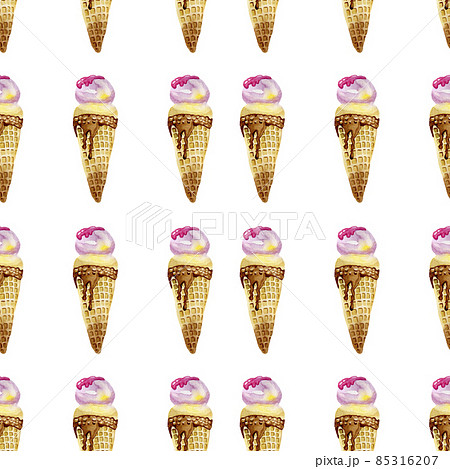 Ice cream in a cone seamless pattern digital paper wallpaper fabric background watercolor by hand 85316207