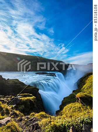 Awe Gullfoss Golden falls waterfall long exposure vertical composition 85318108