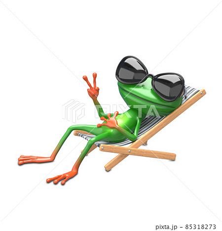 3D Illustration of a Green Frog in a Deck Chairのイラスト素材