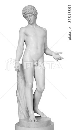Ancient white marble full length sculpture of naked young man. Antique classic statue of youngster isolated on white. Stone figure of teenager Ancient white marble full length sculpture of naked young man. Antique classic statue of youngster isolated on white. Stone figure of teenager 85318395