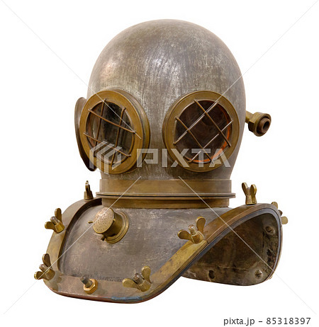 Old antique metal scuba helmet isolated on white background with clipping path 85318397