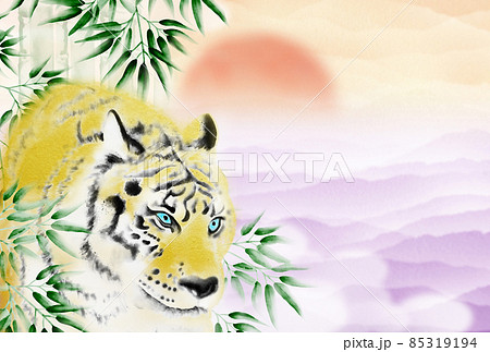 初日出と紫色の雲海を背景に竹林から姿を現す虎の年賀状イラスト 横 ハガキサイズ 高解像度データ有り 85319194
