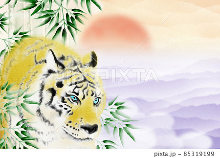 初日出と青紫色の雲海を背景に竹林から姿を現す虎の年賀状イラスト 横 ハガキサイズ 高解像度データ有り 初日出と青紫色の雲海を背景に竹林から姿を現す虎の年賀状イラスト 横 ハガキサイズ 高解像度データ有り 85319199