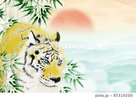 初日出と青緑色の雲海を背景に竹林から姿を現す虎の年賀状イラスト 横 ハガキサイズ 高解像度データ有り 初日出と青緑色の雲海を背景に竹林から姿を現す虎の年賀状イラスト 横 ハガキサイズ 高解像度データ有り 85319200