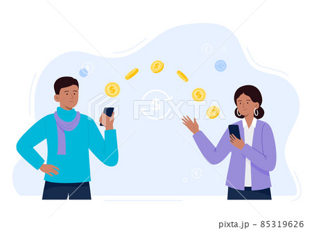 An Indian man sends money from a smartphone to a female colleague or coworker. People make contactless currency transactions on the internet. Easy banking concept. Vector flat illustration. 85319626