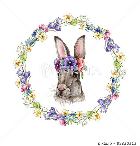 Cute bunny with spring flower wreath....のイラスト素材 [85320313