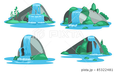 Set of waterfall. River waterfall falls from cliff white background. Water fall streams Set of waterfall. River waterfall falls from cliff white background. Water fall streams 85322481