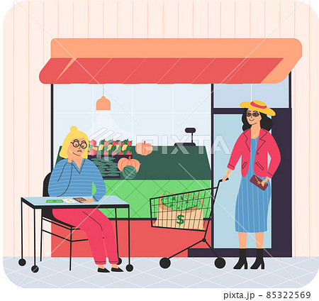 People in grocery store with fresh food, fruits, vegetables. Rich and poor buyers and visitors People in grocery store with fresh food, fruits, vegetables. Rich and poor buyers and visitors 85322569