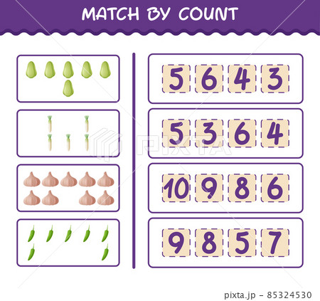 Match by count of cartoon vegetables. Match and count game. Educational game for pre shool years kids and toddlers Match by count of cartoon vegetables. Match and count game. Educational game for pre shool years kids and toddlers 85324530