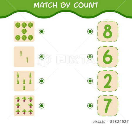 Match by count of cartoon vegetables. Match and count game. Educational game for pre shool years kids and toddlers Match by count of cartoon vegetables. Match and count game. Educational game for pre shool years kids and toddlers 85324627