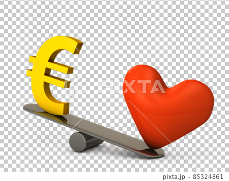 ハートマークとユーロ通貨記号の比較。金や富よりも愛情や感情を重視する理想主義を表すコンセプト。 85324861