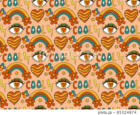 Retro Rainbow Eye 70s Seamless Pattern Hippie のイラスト素材