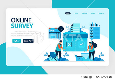 Landing page online survey. Exams Choices Flat character for learning and survey consultants. research feedback opinion, choice checklist. for banner, illustration, web, website, mobile apps, flyer 85325436